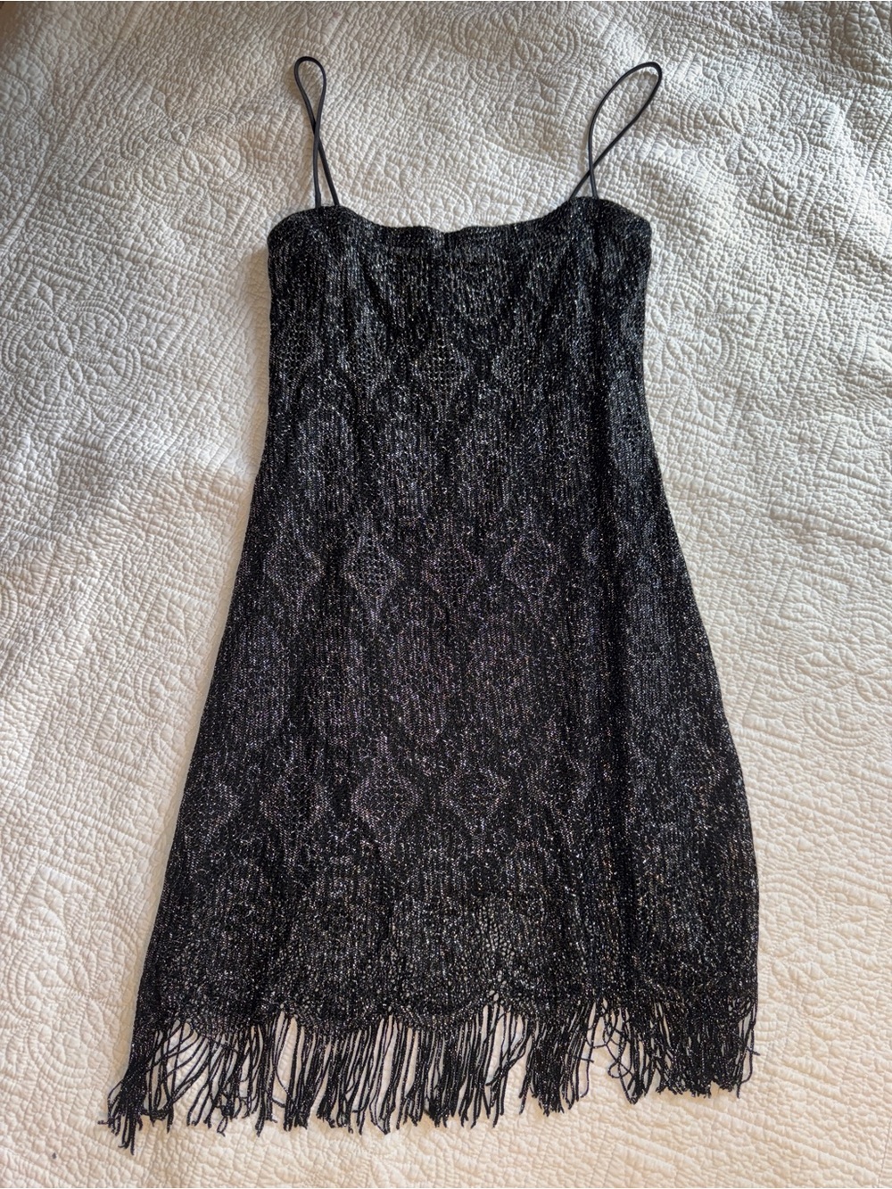 All that jazz Metallic Black Fringe Slip Dress with Spaghetti Straps